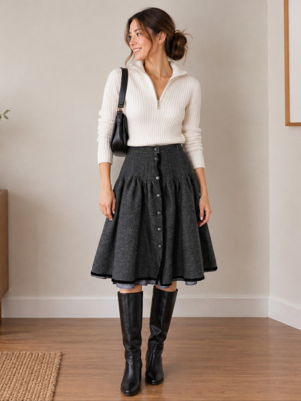 Valentino Dark Gray Wool Circle Skirt with Front Buttons
